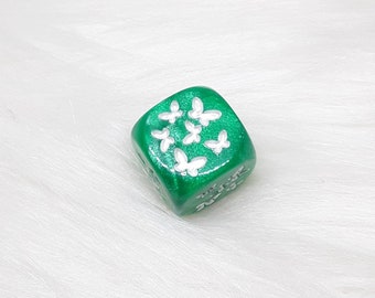 Green and White Butterfly Dice - ONE Engraved D6 Dice - 16mm