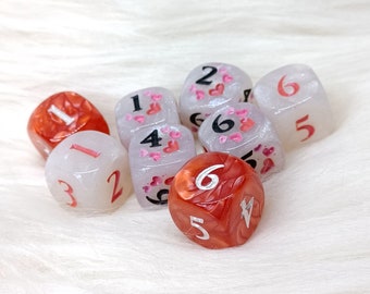 Valentine's Day Engraved Dice Set - Hearts and Numbers, Set of 8, 16mm