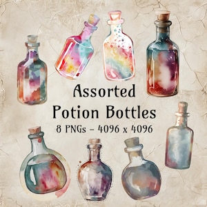 Assorted Potion Bottles Clipart - Watercolor PNGs - Fantasy Dungeons and Dragons Art Digital Download