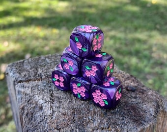 Blossom Dice - Set of 6 Engraved D6 Dice - 16mm - Free US Shipping