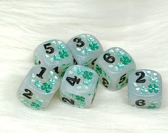 Lucky Clover Dice - Set of 6 Engraved D6 Dice - 16mm - Free US Shipping