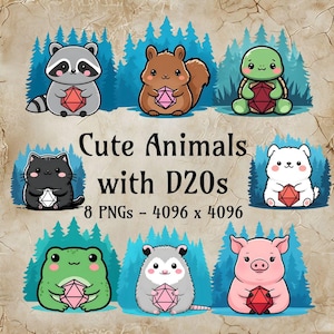 Verschiedene süße Tiere mit W20s Clipart - 8 PNGs - Fantasy Dungeons and Dragons Art Digital Download