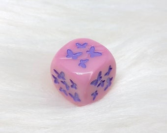 Pink and Purple Butterfly Dice - ONE Engraved D6 Dice - 16mm
