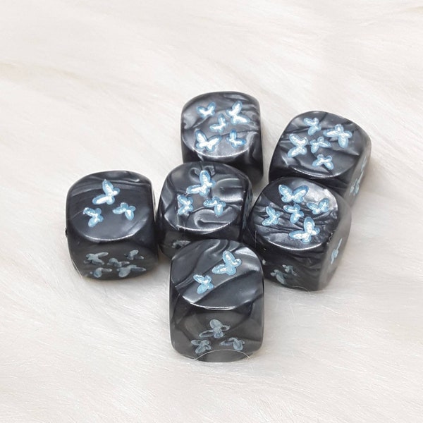 Black and Ice Blue Butterfly Dice - Set of 6 Engraved D6 Dice - 16mm - Free US Shipping