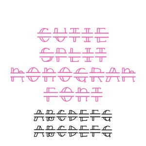 Op de afbeelding: Op een witte achtergrond staan de woorden "SPLIT MONOGRAM FONT" in roze, samen met voorbeelden van het alfabet van het lettertype. Het lettertype heeft gesplitste letterontwerpen, met zowel roze als zwarte versies van het alfabet.
