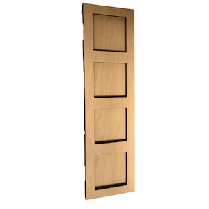 May include: A vertical wooden frame with four square cutouts. The frame is made of light-colored wood, possibly maple or birch, and has a simple, clean design. The cutouts are evenly spaced and create a grid-like pattern.