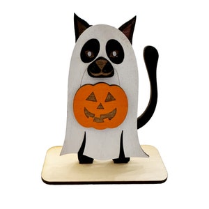 Puede incluir: Un gato negro vestido de fantasma sosteniendo una calabaza naranja tallada. El gato está de pie sobre una base de madera.