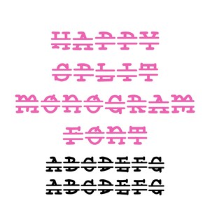 Op de afbeelding: Een witte achtergrond met de woorden "HAPPY", "MONOGRAM" en "FONT" in roze, gestileerde letters. Daaronder wordt het alfabet in zwart weergegeven, verdeeld over twee regels. De afbeelding toont een lettertypeontwerp.