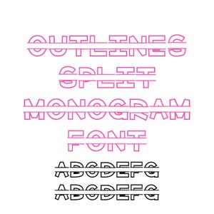 Op de afbeelding: Op een witte achtergrond staan de woorden "OUTLINES SPLIT SPEED MONOGRAM FONT" in roze, in split-letter stijl. Hieronder wordt het alfabet in dezelfde stijl getoond, in zowel roze als zwart.