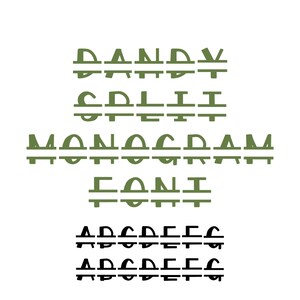 Op de afbeelding: Witte achtergrond met de woorden "DANDY SPLIT MONOGRAM FONT" in groen, en de letters A, B, C, D, E en F in zwart. De letters zijn gesplitst met een horizontale lijn.