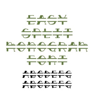 Op de afbeelding: Een witte achtergrond met de woorden "EASY SPLIT PROGRAM FONT" in een groene, gesplitste lettertype. Daaronder staan drie rijen van het alfabet in een gesplitst lettertype, met de bovenste twee rijen in zwart en de onderste rij in zwart.