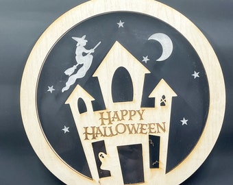 Halloween Schild SVG, Haunted House Sign SVG, Türaufhänger SVG Datei. Schnittdatei für Laser