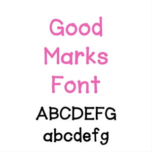 Puede incluir: Una fuente rosa llamada "Good Marks Font" con un alfabeto negro en mayúsculas y minúsculas debajo.