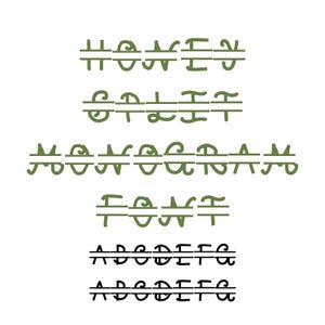 Op de afbeelding: Op een witte achtergrond tekst in een split monogram lettertype. De woorden "HONEY SPLIT MONOGRAM FONT" zijn groen. Het alfabet wordt in groen en zwart getoond, wat het ontwerp van het lettertype laat zien.