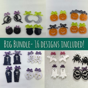 May include: A large bundle of 16 Halloween-themed earring designs. The earrings are made of glitter and feature various designs, including ghosts, pumpkins, bats, skulls, and tombstones.  BIG BUNDLE - 16 DESIGNS INCLUDED!