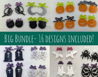 Puede incluir: Un gran paquete de 16 diseños de pendientes con temática de Halloween. Los pendientes están hechos de purpurina y presentan varios diseños, incluidos fantasmas, calabazas, murciélagos, calaveras y lápidas.  BIG BUNDLE - 16 DESIGNS INCLUDED!