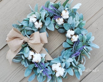 Cotton and Lavender Lamb's Ear Wreath, Farmhouse Wreath, Wedding Wreath, Front Door Wreath, Everyday Wreath