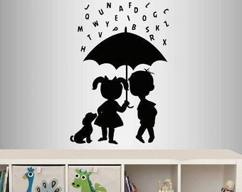 Wall Vinyl Decal Home Decor Art Sticker Alphabet Letters Children Girl Boy Puppy Umbrella Rain Classroom Nursery Bedroom Mural Design 2634