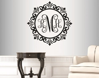 Wall Vinyl Decal Home Decor Art Sticker Custom Personalized Monogram Initials Family Letter Script Lettering Removable Mural Design 2628