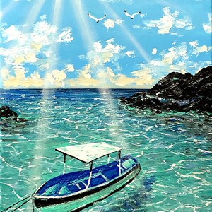 SIGNED, DATED, ORIGINAL, Iland boat , Sun, Ocean, sea Painting coa incuded and numbered by the Artist