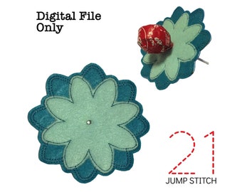 Könnte beinhalten: Ein digitales Stickmuster einer blaugrünen Blume mit einem hellgrünen Zentrum. Das Design hat 21 Sprungstich. Das Design ist für einen Lollihalter.