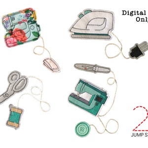 May include: A set of 21 embroidery designs for sewing machines, featuring a sewing machine, iron, scissors, thread, button, and a plug. The designs are outlined in red and labeled "Jump Stitch".