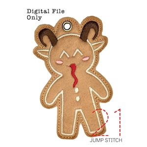 May include: A brown gingerbread man with horns, a red tongue sticking out, and a white outline. The gingerbread man is smiling with pink cheeks. The image includes the text "JUMP STITCH" and a red dashed line around the gingerbread man's legs.