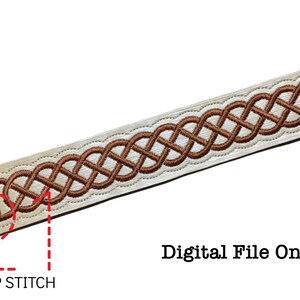 May include: A digital embroidery design featuring a brown Celtic knot pattern on a white background. The design is shown on a piece of fabric with a jump stitch indicated. "Digital File Only" is written below the design.