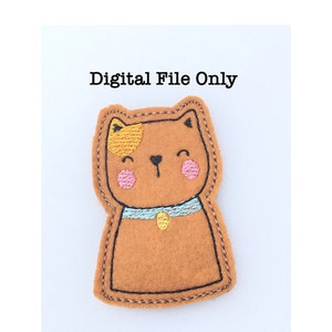 May include: Embroidered felt cat applique with a yellow patch on its ear, blue collar, and pink cheeks. The cat is smiling and has a black nose.