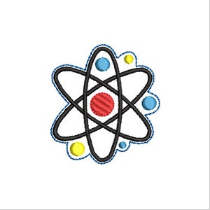 May include: A black and white atom illustration with a red center and blue and yellow circles around it.