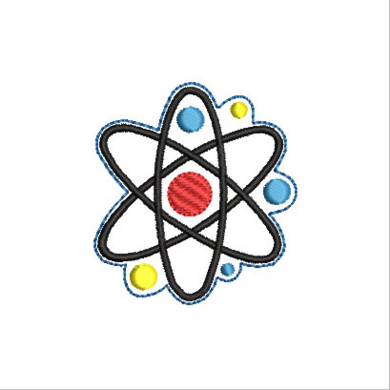 May include: A black and white atom illustration with a red center and blue and yellow circles around it.