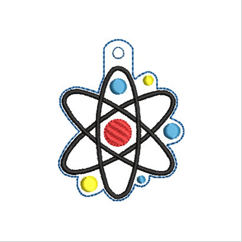 May include: A black and white atom symbol with a red center and blue and yellow circles around it. The atom symbol is on a white background.