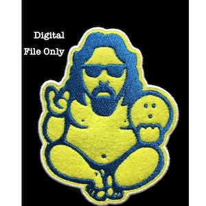 May include: A yellow embroidered patch of a cartoon character with a beard, sunglasses, and a cookie in one hand. The character is sitting with their legs crossed. The patch has a blue outline.