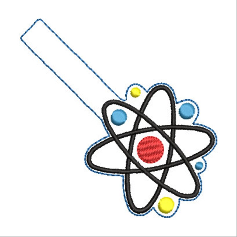 May include: A black and white atom symbol with a red, blue, and yellow center. The atom symbol is on a white background.