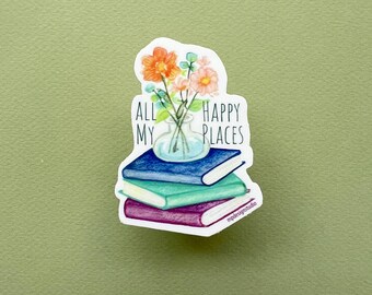 Adesivo in vinile · Adesivo fustellato · Libri e fiori · Impermeabile