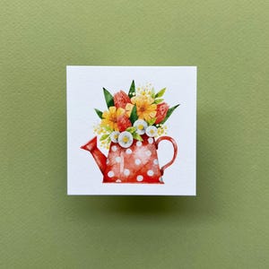 Jeu de 4 cartes | Pichet rouge avec fleurs | Cartes vierges | 100 % coton | Illustrations