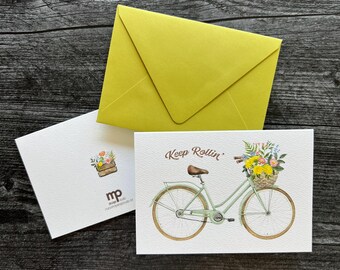 Keep Rolling / Biglietto di auguri di supporto e simpatia / Bicicletta con fiori