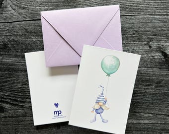 Biglietto di auguri Gnomo volante / Biglietti di auguri vuoti / Acquerello / Palloncino