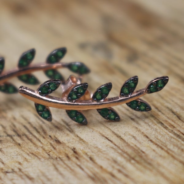 Green Plant Leaf Earrings, Ear Crawler Dainty Minimalist Statement Earrings, Silver Stud Ear Climber