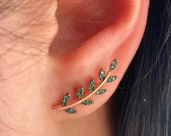 Silver Stud Leaf Earrings, Rose Silver with Green Stones, Bridal Earrings, Bridesmaid Gift