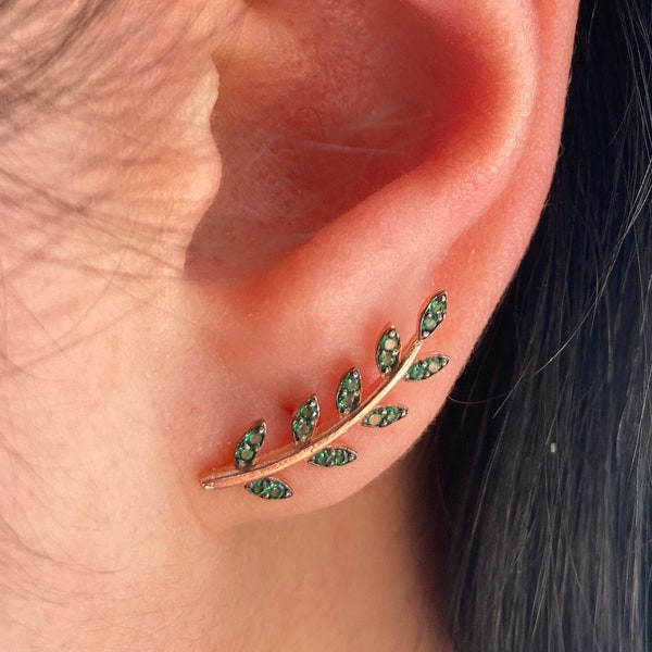 Silver Stud Leaf Earrings, Rose Silver with Green Stones, Bridal Earrings, Bridesmaid Gift