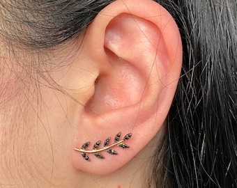 Silver Stud Black Leaf Earrings, Rose Silver Ear Climber with Black Onyx Stones, Bridesmaid Earrings Gift