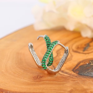 Emerald U Shape Hoops, Rectangular Hoop Earrings with May Birthstone, Dainty Geometric Green Earrings