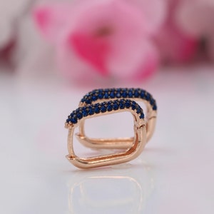 Rose Gold Rectangular Hoop Earrings with Sapphire, Dainty Huggie Geometric Hoop Earrings