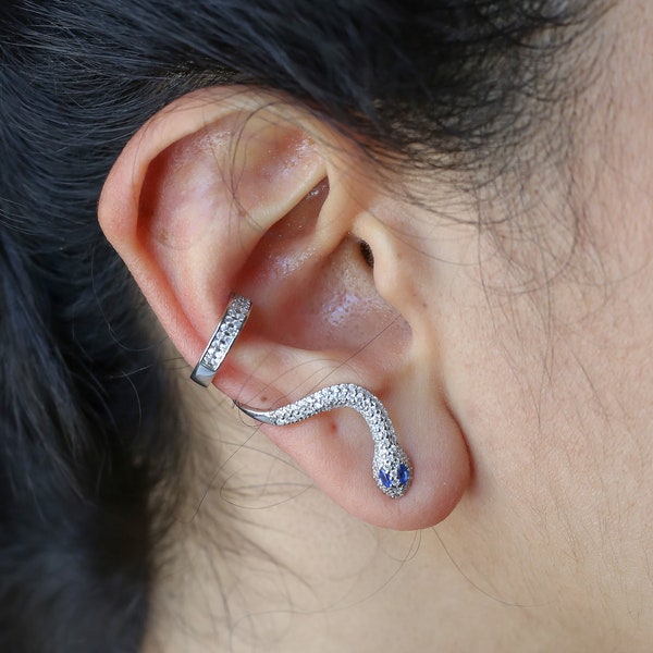 Stellar Silver Snake Ear Climber, Nebula Nights Sapphire-Eyed Silver Serpent Earpiece