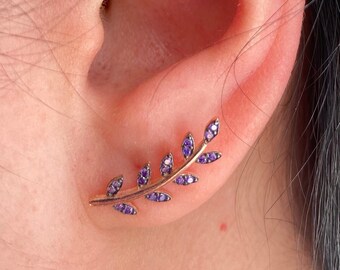 Amethyst Leaf Stud Earrings, Silver Ear Climber, Bridesmaid Gift