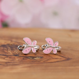 Silver Kids Butterfly Earrings, Pink Dangle Dainty Earrings for Girls and Toddlers