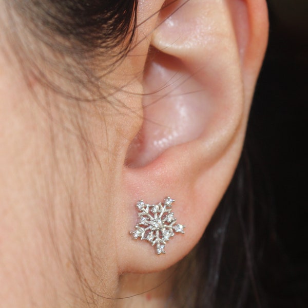 Silver Dainty Snowflake Stud Earrings, Winter's Touch Snowflake Dreams on the Ears