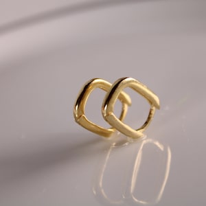 Minimalist Rectangular Small Hoop Earrings, Gold Plated Sterling Silver Geometric Hoop Earrings