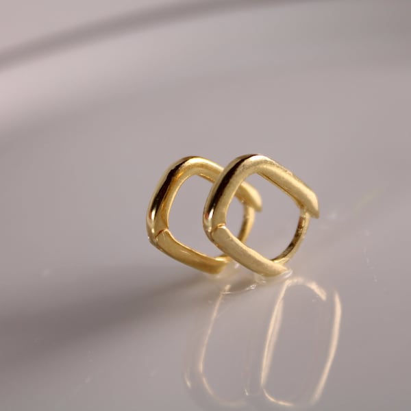 Minimalist Rectangular Small Hoop Earrings, Gold Plated Sterling Silver Geometric Hoop Earrings